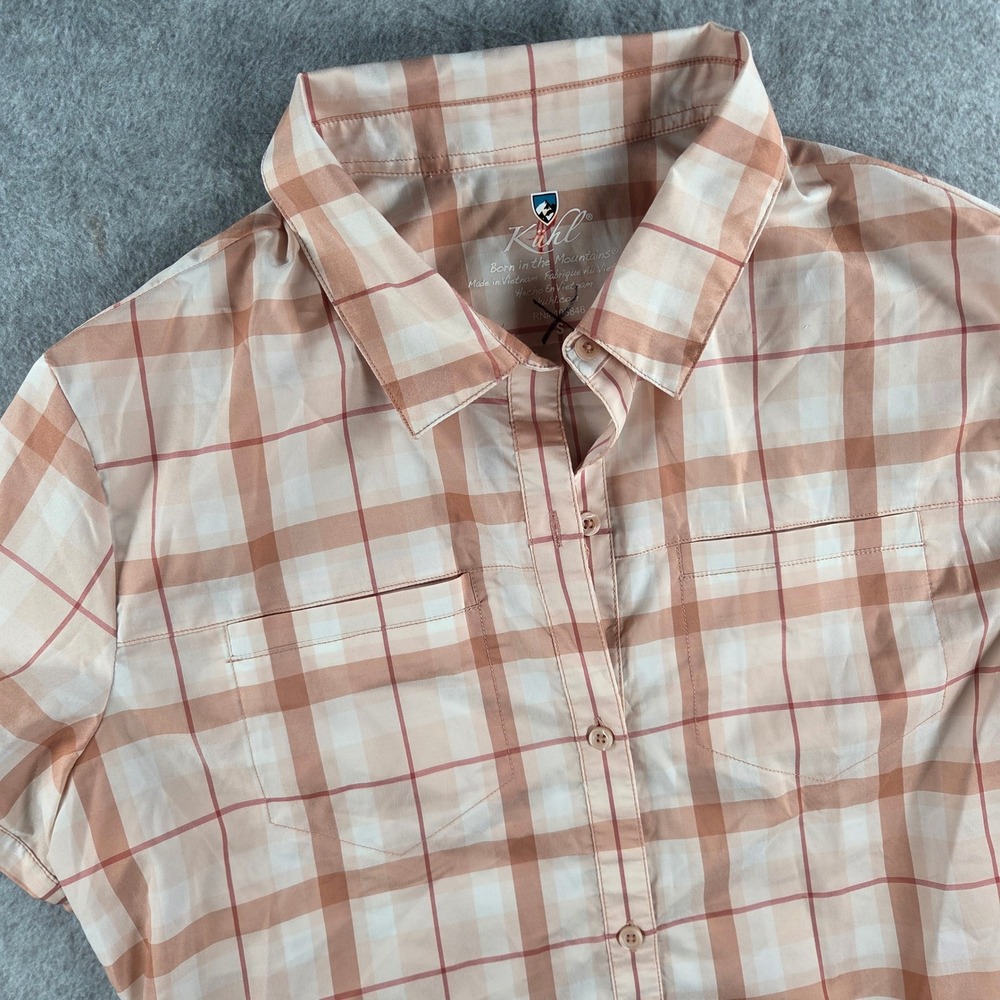 Kuhl Plaid Button Up Shirt Womens Small Peach Short Sleeve Hiking Outdoor